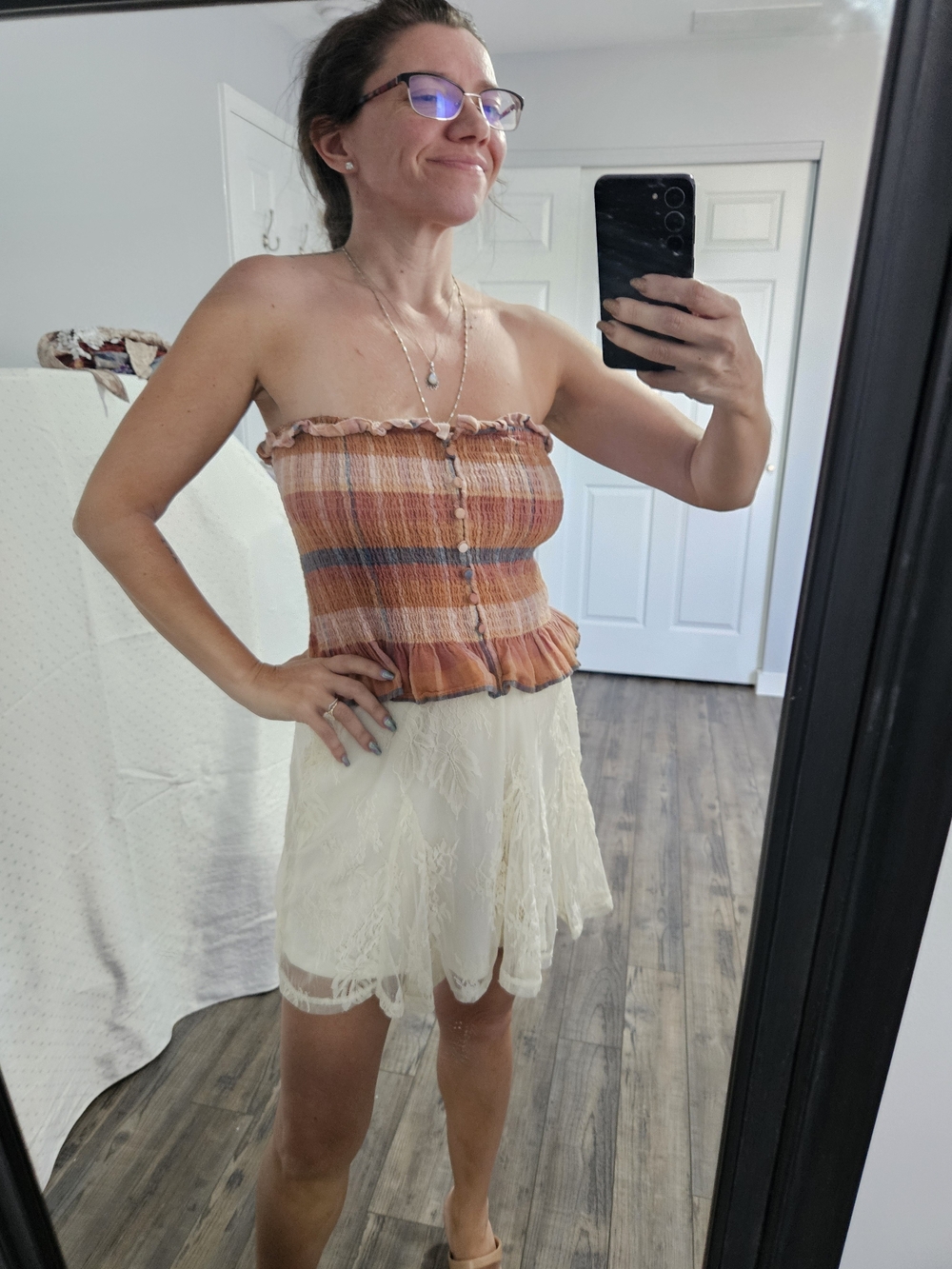 American Eagle Outfitters Orange Plaid Smocked Strapless Top